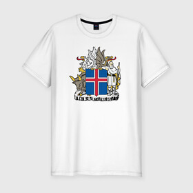Мужская футболка хлопок Slim с принтом Герб Исландии в Петрозаводске, 92% хлопок, 8% лайкра | приталенный силуэт, круглый вырез ворота, длина до линии бедра, короткий рукав | Тематика изображения на принте: бык | герб | грифон | дракон | исландии | исландия | коровы | красный | линии | орел | пастух | синий | флаг