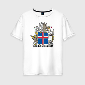 Женская футболка хлопок Oversize с принтом Герб Исландии в Петрозаводске, 100% хлопок | свободный крой, круглый ворот, спущенный рукав, длина до линии бедер
 | бык | герб | грифон | дракон | исландии | исландия | коровы | красный | линии | орел | пастух | синий | флаг