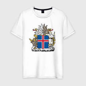 Мужская футболка хлопок с принтом Герб Исландии в Петрозаводске, 100% хлопок | прямой крой, круглый вырез горловины, длина до линии бедер, слегка спущенное плечо. | Тематика изображения на принте: бык | герб | грифон | дракон | исландии | исландия | коровы | красный | линии | орел | пастух | синий | флаг