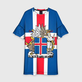 Детское платье 3D с принтом Флаг и Герб Исландии в Петрозаводске, 100% полиэстер | прямой силуэт, чуть расширенный к низу. Круглая горловина, на рукавах — воланы | бык | герб | грифон | дракон | исландии | исландия | коровы | красный | линии | орел | пастух | синий | флаг