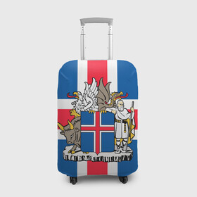 Чехол для чемодана 3D с принтом Флаг и Герб Исландии в Петрозаводске, 86% полиэфир, 14% спандекс | двустороннее нанесение принта, прорези для ручек и колес | бык | герб | грифон | дракон | исландии | исландия | коровы | красный | линии | орел | пастух | синий | флаг