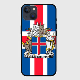 Чехол для iPhone 13 с принтом Флаг и Герб Исландии в Петрозаводске,  |  | Тематика изображения на принте: бык | герб | грифон | дракон | исландии | исландия | коровы | красный | линии | орел | пастух | синий | флаг