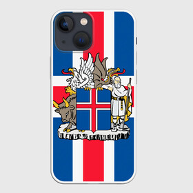 Чехол для iPhone 13 mini с принтом Флаг и Герб Исландии в Петрозаводске,  |  | бык | герб | грифон | дракон | исландии | исландия | коровы | красный | линии | орел | пастух | синий | флаг