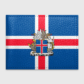 Обложка для студенческого билета с принтом Флаг и Герб Исландии в Петрозаводске, натуральная кожа | Размер: 11*8 см; Печать на всей внешней стороне | бык | герб | грифон | дракон | исландии | исландия | коровы | красный | линии | орел | пастух | синий | флаг