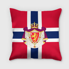 Подушка 3D с принтом Норвегия | Флаг и герб Норвегии в Петрозаводске, наволочка – 100% полиэстер, наполнитель – холлофайбер (легкий наполнитель, не вызывает аллергию). | состоит из подушки и наволочки. Наволочка на молнии, легко снимается для стирки | герб | герб норвегии | корона | красный | лев | линии | норвегии | норвегия | синий | топор | флаг | флаг норвегии | щит