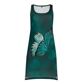 Платье-майка 3D с принтом Синяя бабочка в Петрозаводске, 100% полиэстер | полуприлегающий силуэт, широкие бретели, круглый вырез горловины, удлиненный подол сзади. | butterfly | бабочка | летит | магия | порхает | синяя