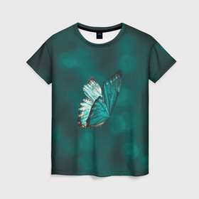 Женская футболка 3D с принтом Синяя бабочка в Петрозаводске, 100% полиэфир ( синтетическое хлопкоподобное полотно) | прямой крой, круглый вырез горловины, длина до линии бедер | butterfly | бабочка | летит | магия | порхает | синяя