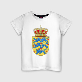 Детская футболка хлопок с принтом Дания | Герб Дании в Петрозаводске, 100% хлопок | круглый вырез горловины, полуприлегающий силуэт, длина до линии бедер | герб | дании | дания | корона | лев | львы | сердца | сердце | флаг | щит