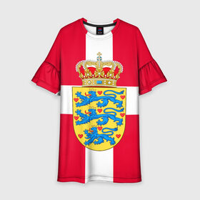 Детское платье 3D с принтом Дания | Герб и флаг Дании в Петрозаводске, 100% полиэстер | прямой силуэт, чуть расширенный к низу. Круглая горловина, на рукавах — воланы | герб | дании | дания | корона | лев | львы | сердца | сердце | флаг | щит