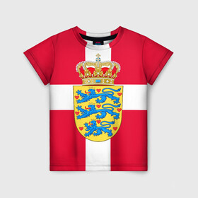Детская футболка 3D с принтом Дания | Герб и флаг Дании в Петрозаводске, 100% гипоаллергенный полиэфир | прямой крой, круглый вырез горловины, длина до линии бедер, чуть спущенное плечо, ткань немного тянется | герб | дании | дания | корона | лев | львы | сердца | сердце | флаг | щит