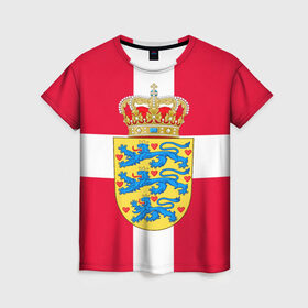 Женская футболка 3D с принтом Дания | Герб и флаг Дании в Петрозаводске, 100% полиэфир ( синтетическое хлопкоподобное полотно) | прямой крой, круглый вырез горловины, длина до линии бедер | герб | дании | дания | корона | лев | львы | сердца | сердце | флаг | щит