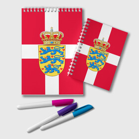 Блокнот с принтом Дания | Герб и флаг Дании в Петрозаводске, 100% бумага | 48 листов, плотность листов — 60 г/м2, плотность картонной обложки — 250 г/м2. Листы скреплены удобной пружинной спиралью. Цвет линий — светло-серый
 | герб | дании | дания | корона | лев | львы | сердца | сердце | флаг | щит
