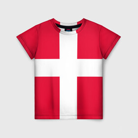 Детская футболка 3D с принтом Дания | Флаг Дании в Петрозаводске, 100% гипоаллергенный полиэфир | прямой крой, круглый вырез горловины, длина до линии бедер, чуть спущенное плечо, ткань немного тянется | белый | герб | государство | дании | дания | знак | красный | крест | линии | символика | страна | флаг