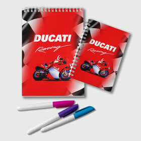 Блокнот с принтом DUCATI / ДУКАТИ / RACING в Петрозаводске, 100% бумага | 48 листов, плотность листов — 60 г/м2, плотность картонной обложки — 250 г/м2. Листы скреплены удобной пружинной спиралью. Цвет линий — светло-серый
 | ducati | motorcycle | motosport | racing | speed | sport | байк. | гонки | двигатель | дукати | мото | мотокросс | мотоспорт | мототриал | мотоцикл | скорость | спорт