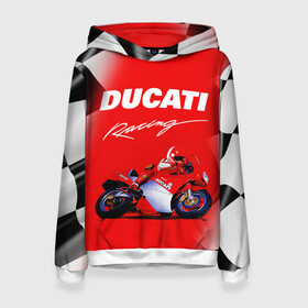 Женская толстовка 3D с принтом DUCATI / ДУКАТИ / RACING в Петрозаводске, 100% полиэстер  | двухслойный капюшон со шнурком для регулировки, мягкие манжеты на рукавах и по низу толстовки, спереди карман-кенгуру с мягким внутренним слоем. | ducati | motorcycle | motosport | racing | speed | sport | байк. | гонки | двигатель | дукати | мото | мотокросс | мотоспорт | мототриал | мотоцикл | скорость | спорт