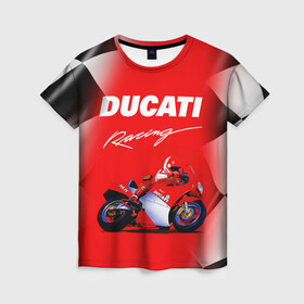 Женская футболка 3D с принтом DUCATI / ДУКАТИ / RACING в Петрозаводске, 100% полиэфир ( синтетическое хлопкоподобное полотно) | прямой крой, круглый вырез горловины, длина до линии бедер | ducati | motorcycle | motosport | racing | speed | sport | байк. | гонки | двигатель | дукати | мото | мотокросс | мотоспорт | мототриал | мотоцикл | скорость | спорт