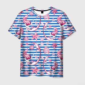 Мужская футболка 3D с принтом Танцующие русалки в Петрозаводске, 100% полиэфир | прямой крой, круглый вырез горловины, длина до линии бедер | лето | море | морские | морские звезды | морской стиль | пляж | полоски | ракушки | русалки | сказка | танец | танцующие | тельняшка