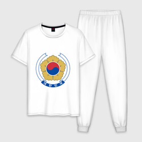 Мужская пижама хлопок с принтом Корея | Корейский герб в Петрозаводске, 100% хлопок | брюки и футболка прямого кроя, без карманов, на брюках мягкая резинка на поясе и по низу штанин
 | Тематика изображения на принте: буква | герб | знак | иероглифы | корейский | корейский герб | корейский флаг | корея | символ | символы | флаг | флаг кореи | эмблема | эмблемма