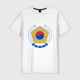 Мужская футболка хлопок Slim с принтом Корея | Корейский герб в Петрозаводске, 92% хлопок, 8% лайкра | приталенный силуэт, круглый вырез ворота, длина до линии бедра, короткий рукав | Тематика изображения на принте: буква | герб | знак | иероглифы | корейский | корейский герб | корейский флаг | корея | символ | символы | флаг | флаг кореи | эмблема | эмблемма