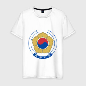 Мужская футболка хлопок с принтом Корея | Корейский герб в Петрозаводске, 100% хлопок | прямой крой, круглый вырез горловины, длина до линии бедер, слегка спущенное плечо. | Тематика изображения на принте: буква | герб | знак | иероглифы | корейский | корейский герб | корейский флаг | корея | символ | символы | флаг | флаг кореи | эмблема | эмблемма