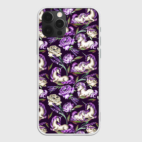 Чехол для iPhone 12 Pro с принтом Единороги и цветы - темный в Петрозаводске, силикон | область печати: задняя сторона чехла, без боковых панелей | единорог | единороги | единорожек | лаванда | малыш | мама | роза | розы | сказка | сказочный | фентези | цветок | цветочный | цветы