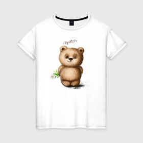 Женская футболка хлопок с принтом Медведь в Петрозаводске, 100% хлопок | прямой крой, круглый вырез горловины, длина до линии бедер, слегка спущенное плечо | зверь | игрушка цветок | медведик | медведь | медвежонок | милый | мишка | привет | ромашка