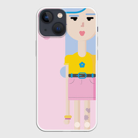 Чехол для iPhone 13 mini с принтом Девочка с напитком в Петрозаводске,  |  | девочка | лето | напиток | розовая юбка | синие волосы