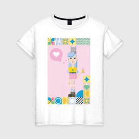 Женская футболка хлопок с принтом Девочка с напитком в Петрозаводске, 100% хлопок | прямой крой, круглый вырез горловины, длина до линии бедер, слегка спущенное плечо | девочка | лето | напиток | розовая юбка | синие волосы