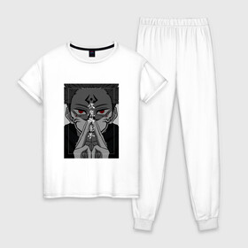 Женская пижама хлопок с принтом JUJUTSU KAISEN ИТАДОРИ в Петрозаводске, 100% хлопок | брюки и футболка прямого кроя, без карманов, на брюках мягкая резинка на поясе и по низу штанин | anime | japan | japanese | jujutsu | jujutsu kaisen | kaisen | sukuna | tattoo | аниме | двуликий призрак | иероглифы | инумаки | итадори | итадори юдзи | магическая битва | нобара | панда | рёмен | рёмен сукуна | сатору | сукуна