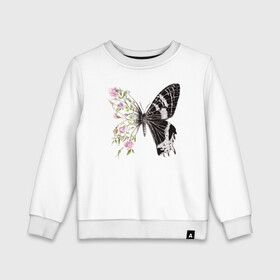 Детский свитшот хлопок с принтом Бабочка и цветы в Петрозаводске, 100% хлопок | круглый вырез горловины, эластичные манжеты, пояс и воротник | акварель | бабочка | бутоны | графика | крылья | лето | насекомое | природа | растение | розы | фауна | цветы | шипы