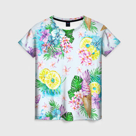 Женская футболка 3D с принтом Тропические цветы и фрукты в Петрозаводске, 100% полиэфир ( синтетическое хлопкоподобное полотно) | прямой крой, круглый вырез горловины, длина до линии бедер | ананас | ананасы | букеты | монстера | мороженое | орхидеи | отдых | пляжные | тропики | фрукты | цветочки | цветы | юг | южные