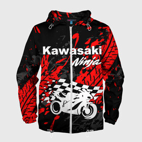 Мужская ветровка 3D с принтом KAWASAKI NINJA / КАВАСАКИ в Петрозаводске, 100% полиэстер | подол и капюшон оформлены резинкой с фиксаторами, два кармана без застежек по бокам, один потайной карман на груди | kawasaki | motorcycle | motosport | ninja | racing | speed | sport | байк | гонки | двигатель | кавасаки | мото | мотокросс | мотоспорт | мототриал | мотоцикл | нинзя. | скорость | спорт