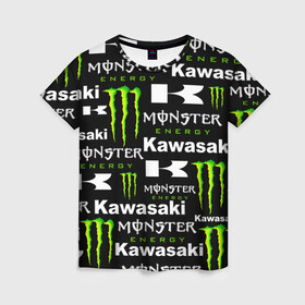 Женская футболка 3D с принтом KAWASAKI X MONSTER ENERGY в Петрозаводске, 100% полиэфир ( синтетическое хлопкоподобное полотно) | прямой крой, круглый вырез горловины, длина до линии бедер | kawasaki | monster energy | motorcycle | motosport | racing | speed | sport | байк | гонки | двигатель | кавасаки | монстер энерджи. | мото | мотокросс | мотоспорт | мототриал | мотоцикл | скорость | спорт