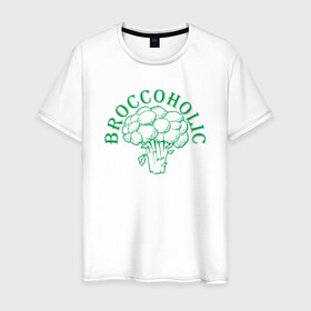 Мужская футболка хлопок с принтом Broccoholic в Петрозаводске, 100% хлопок | прямой крой, круглый вырез горловины, длина до линии бедер, слегка спущенное плечо. | green | greenpaece | nature | sport | vegan | yoga | веган | вегетарианец | гринпис | еда | животные | жизнь | здоровье | зеленый | йога | мир | овощи | пища | планета | природа | растение | спорт | тело | фрукты