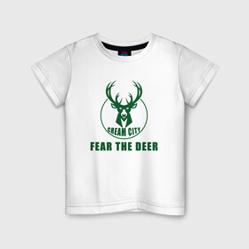 Детская футболка хлопок с принтом Fear The Deer в Петрозаводске, 100% хлопок | круглый вырез горловины, полуприлегающий силуэт, длина до линии бедер | Тематика изображения на принте: antetokounmpo | basketball | bucks | giannis | milwaukee | mvp | nba | sport | streetball | адетокумбо | бакс | баскетбол | игра | милуоки | мяч | нба | олень | спорт | стритбол | тренер | чемпион | янис