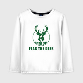 Детский лонгслив хлопок с принтом Fear The Deer в Петрозаводске, 100% хлопок | круглый вырез горловины, полуприлегающий силуэт, длина до линии бедер | antetokounmpo | basketball | bucks | giannis | milwaukee | mvp | nba | sport | streetball | адетокумбо | бакс | баскетбол | игра | милуоки | мяч | нба | олень | спорт | стритбол | тренер | чемпион | янис