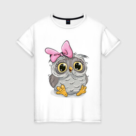 Женская футболка хлопок с принтом Совенок в Петрозаводске, 100% хлопок | прямой крой, круглый вырез горловины, длина до линии бедер, слегка спущенное плечо | бантик | птенчик | птица | сова | совенок