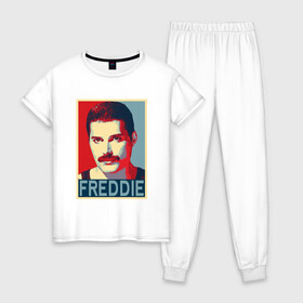 Женская пижама хлопок с принтом Freddie в Петрозаводске, 100% хлопок | брюки и футболка прямого кроя, без карманов, на брюках мягкая резинка на поясе и по низу штанин | alternative | metall | music | queen | qween | rock | альтернатива | квин | куин | металл | музыка | рок | фредди меркьюри