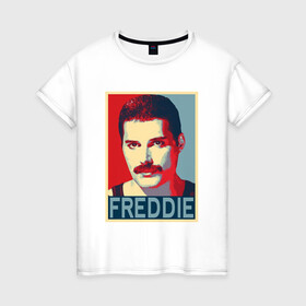 Женская футболка хлопок с принтом Freddie в Петрозаводске, 100% хлопок | прямой крой, круглый вырез горловины, длина до линии бедер, слегка спущенное плечо | alternative | metall | music | queen | qween | rock | альтернатива | квин | куин | металл | музыка | рок | фредди меркьюри