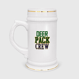 Кружка пивная с принтом Deer Pack Crew в Петрозаводске,  керамика (Материал выдерживает высокую температуру, стоит избегать резкого перепада температур) |  объем 630 мл | antetokounmpo | basketball | bucks | giannis | milwaukee | mvp | nba | sport | streetball | адетокумбо | бакс | баскетбол | игра | милуоки | мяч | нба | олень | спорт | стритбол | тренер | чемпион | янис