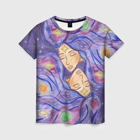 Женская футболка 3D с принтом Галактика в Петрозаводске, 100% полиэфир ( синтетическое хлопкоподобное полотно) | прямой крой, круглый вырез горловины, длина до линии бедер | dream | galaxy | girl | planet | акварель | галактика | девушки | звёзды | космос | планеты | рисунок | синий | сон | спокойствие | сумерки | туманности | фиолетовый