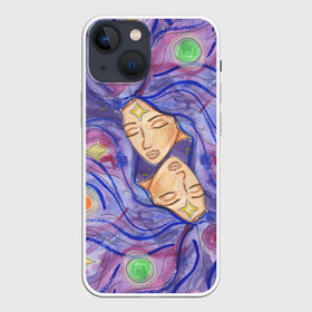 Чехол для iPhone 13 mini с принтом Галактика в Петрозаводске,  |  | dream | galaxy | girl | planet | акварель | галактика | девушки | звёзды | космос | планеты | рисунок | синий | сон | спокойствие | сумерки | туманности | фиолетовый