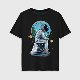 Женская футболка хлопок Oversize с принтом Космонавт сидит на камне в Петрозаводске, 100% хлопок | свободный крой, круглый ворот, спущенный рукав, длина до линии бедер
 | astronaut | cosmos | galaxy | mars | moon | planet | planets | science | space | space travel | spaceman | stars | universe | астронавт | звезды | космонавт | космос | луна | марс | планета