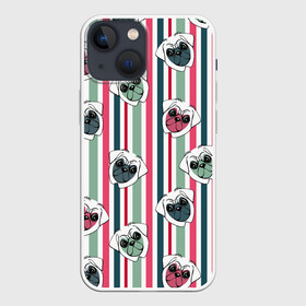 Чехол для iPhone 13 mini с принтом Мопсы в полоску в Петрозаводске,  |  | летний | мопсы | мордочки | полоска | розовый с зеленым | собаки