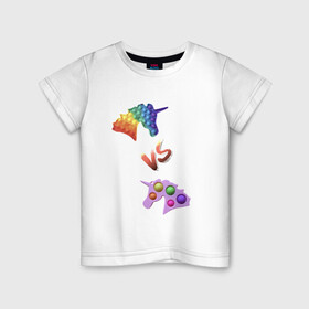 Детская футболка хлопок с принтом Pop-it vs Simple-dimple в Петрозаводске, 100% хлопок | круглый вырез горловины, полуприлегающий силуэт, длина до линии бедер | Тематика изображения на принте: unicorns | единороги | поп ит | пупырка | симпл димпл