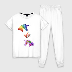 Женская пижама хлопок с принтом Pop-it vs Simple-dimple в Петрозаводске, 100% хлопок | брюки и футболка прямого кроя, без карманов, на брюках мягкая резинка на поясе и по низу штанин | unicorns | единороги | поп ит | пупырка | симпл димпл