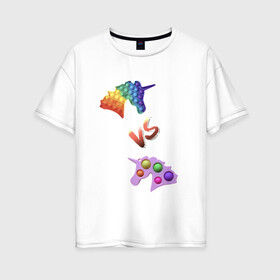 Женская футболка хлопок Oversize с принтом Pop-it vs Simple-dimple в Петрозаводске, 100% хлопок | свободный крой, круглый ворот, спущенный рукав, длина до линии бедер
 | unicorns | единороги | поп ит | пупырка | симпл димпл