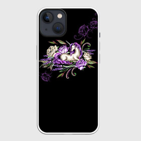 Чехол для iPhone 13 с принтом Единорог среди роз в Петрозаводске,  |  | rose | roses | unicorn | единорог | единороги | роза | розы | сказка | сказочный | сон | спящий | темный | фентези | фентэзи | цветочный | цветы | черный фон