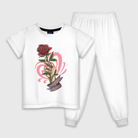 Детская пижама хлопок с принтом Bring Your Love в Петрозаводске, 100% хлопок |  брюки и футболка прямого кроя, без карманов, на брюках мягкая резинка на поясе и по низу штанин
 | Тематика изображения на принте: love | иллюстрация | роза | рука | сердце