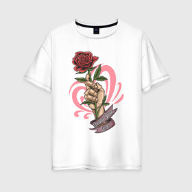 Женская футболка хлопок Oversize с принтом Bring Your Love в Петрозаводске, 100% хлопок | свободный крой, круглый ворот, спущенный рукав, длина до линии бедер
 | love | иллюстрация | роза | рука | сердце